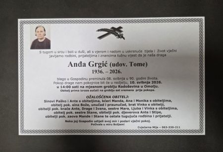 Read more: Sahrana Anđe Grgić udove Tome, nedjelja 10. svibnja u 14 sati
